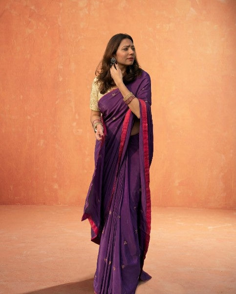 Jamun | Purple Viscose Crepe Hand Embroidered saree
